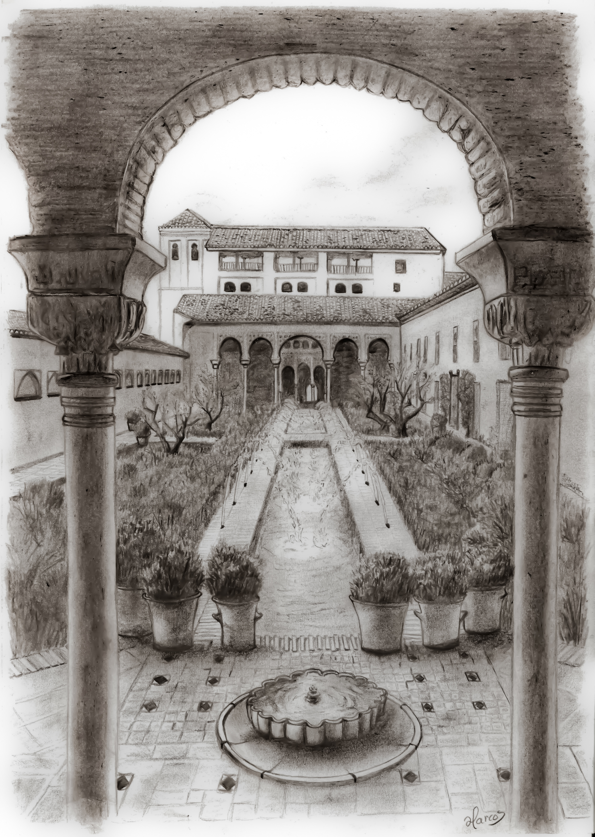 2494x3507 la alhambra, el generalife, patio de la acequia marcosmarconius - Alhambra Drawing