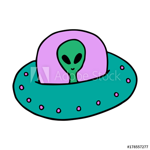 500x500 cute colorful ufo, flying saucer vector illustration doodle - Alien Cartoon Drawing