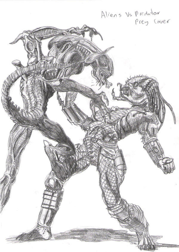 600x842 Fighting Drawing Alien Vs Predator For Free Download - Alien Vs Predator Drawing