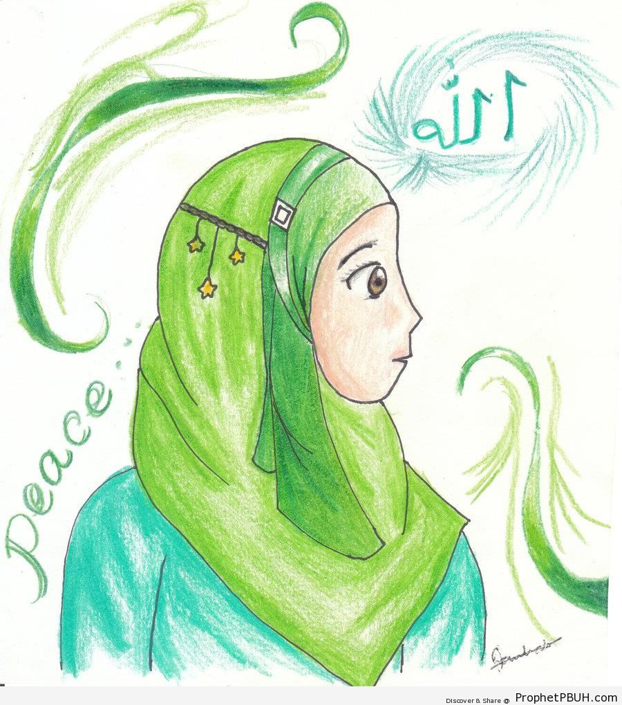 900x1019 hijabi muslim girl drawing with the words allah and peace - Allah Drawing