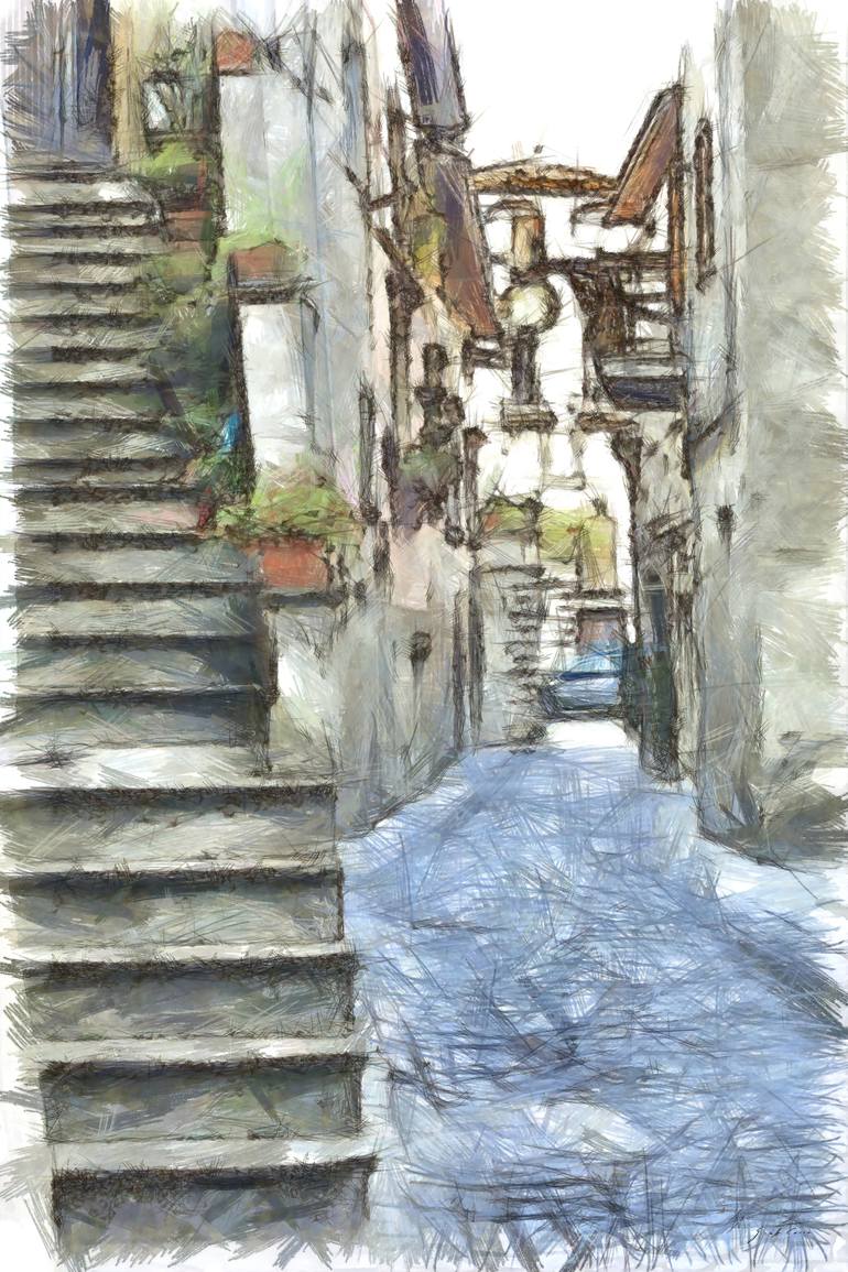 770x1155 Foreshortening Of An Alley With Stairs Drawing - Alley Drawing