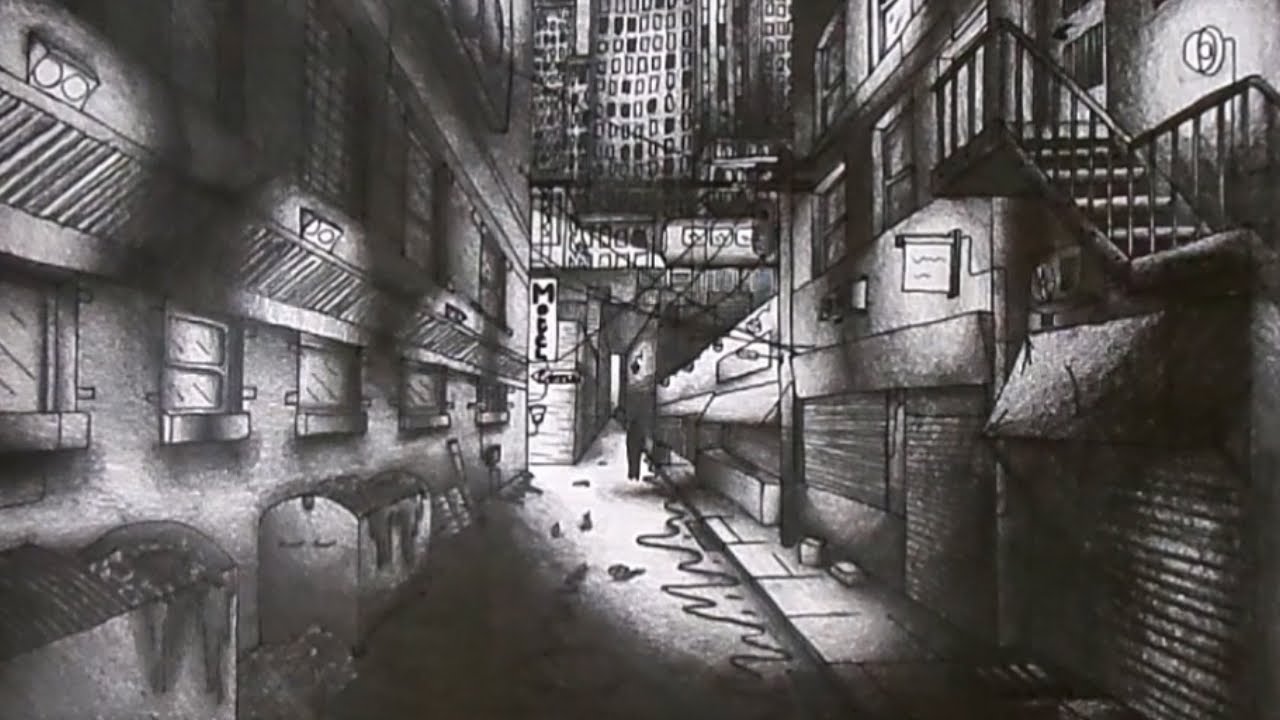 1280x720 One Point Perspective Drawing Time Lapse - Alley Drawing