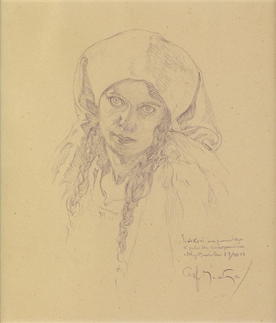 402x470 Head Of Girl With Braids Pencil Drawing - Alphonse Mucha Drawings