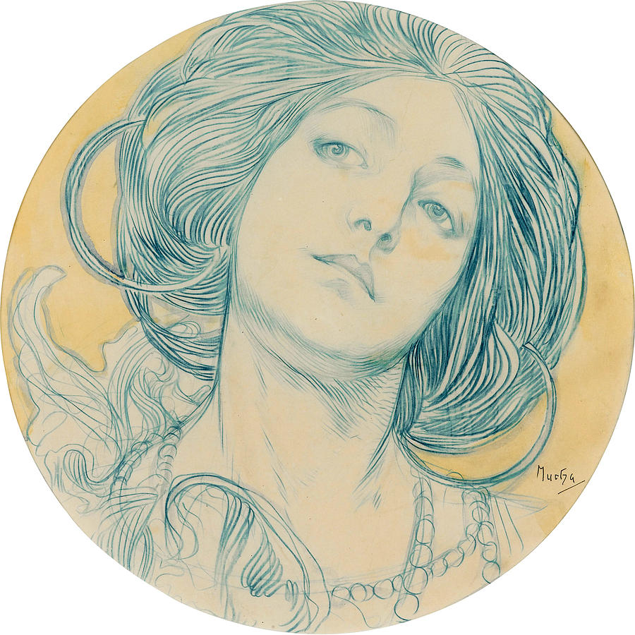 900x900 Portrait Of A Young Woman Drawing - Alphonse Mucha Drawings