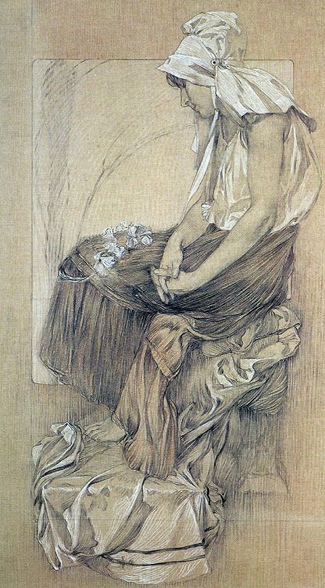 650x1175 Seated Female Figure Drawing - Alphonse Mucha Drawings