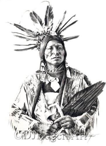 363x500 chief many horns pencil drawing american indian art - American Indian Drawings