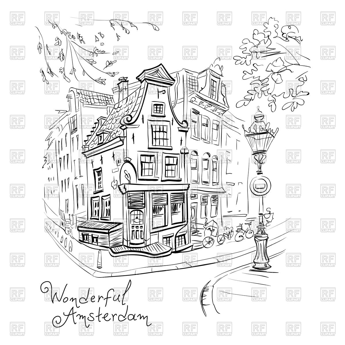 1200x1200 black and white hand drawing, city view of amsterdam - Amsterdam Drawing
