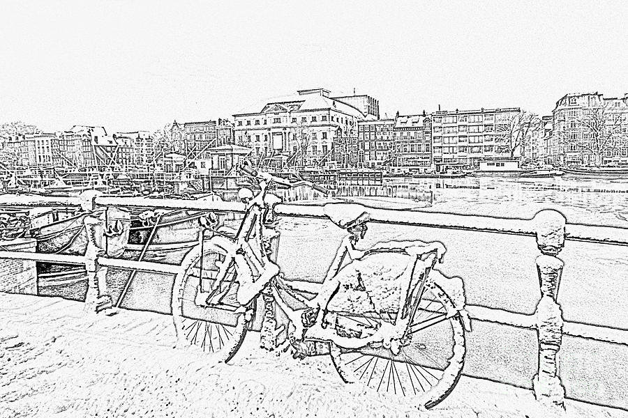 900x600 pencil drawing from snowy amsterdam at the amstel in the netherl - Amsterdam Drawing