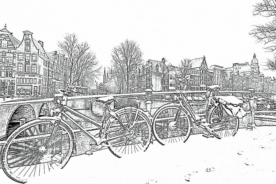 900x599 pencil drawing from snowy bicycles in amsterdam c mixed media - Amsterdam Drawing