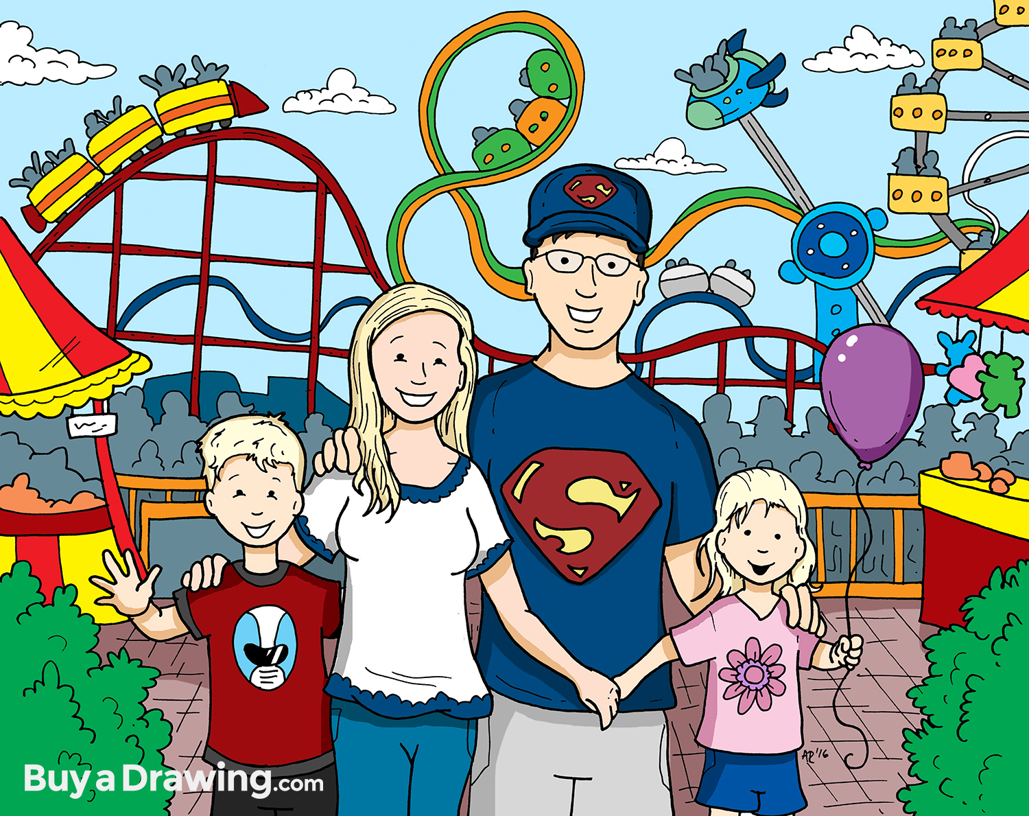 1500x1189 Family Cartoon Portrait Drawing - Amusement Park Drawing