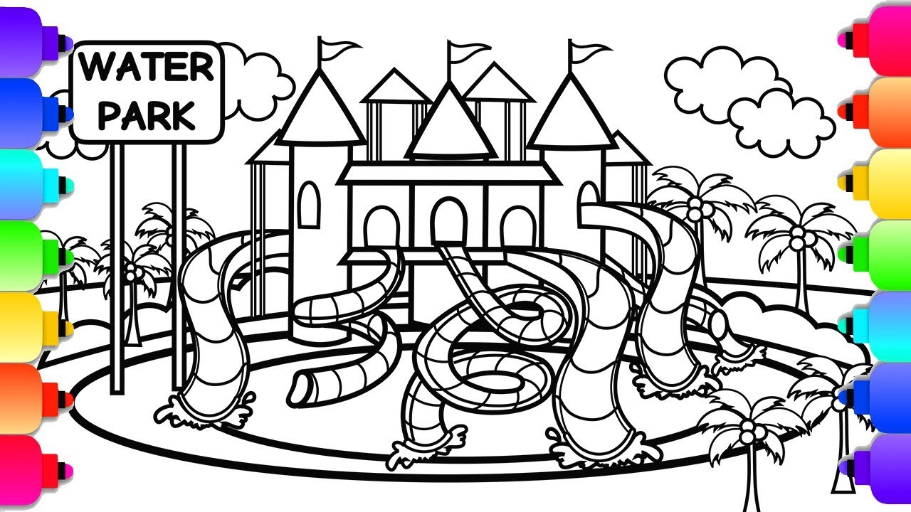 1280x720 Learn How To Draw A Waterpark With Slides And A Castle Amusement - Amusement Park Drawing