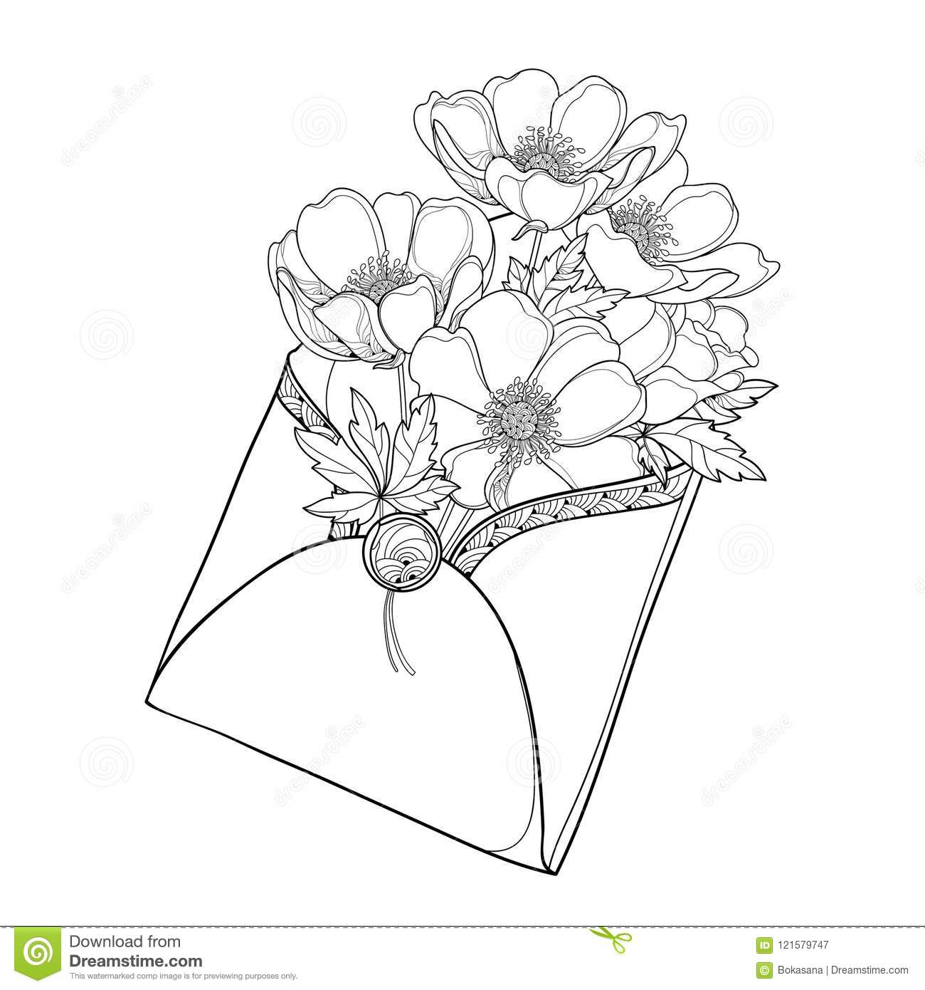 1300x1390 Flower Bud Drawing And Vector Hand Drawing Bouquet Of Outline - Anemone Flower Drawing