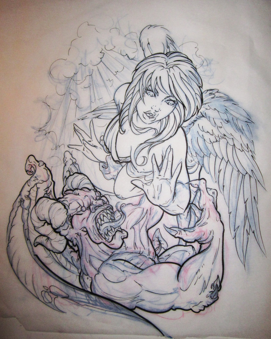 900x1126 Tattoo Drawings Of Angels And Demons Vs - Angel And Demon Drawings