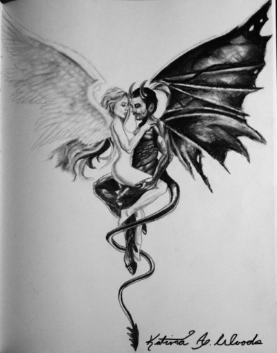 400x509 Yes This Is A Very Well Know Picture Of Forbidden Love Between - Angel And Devil Drawing