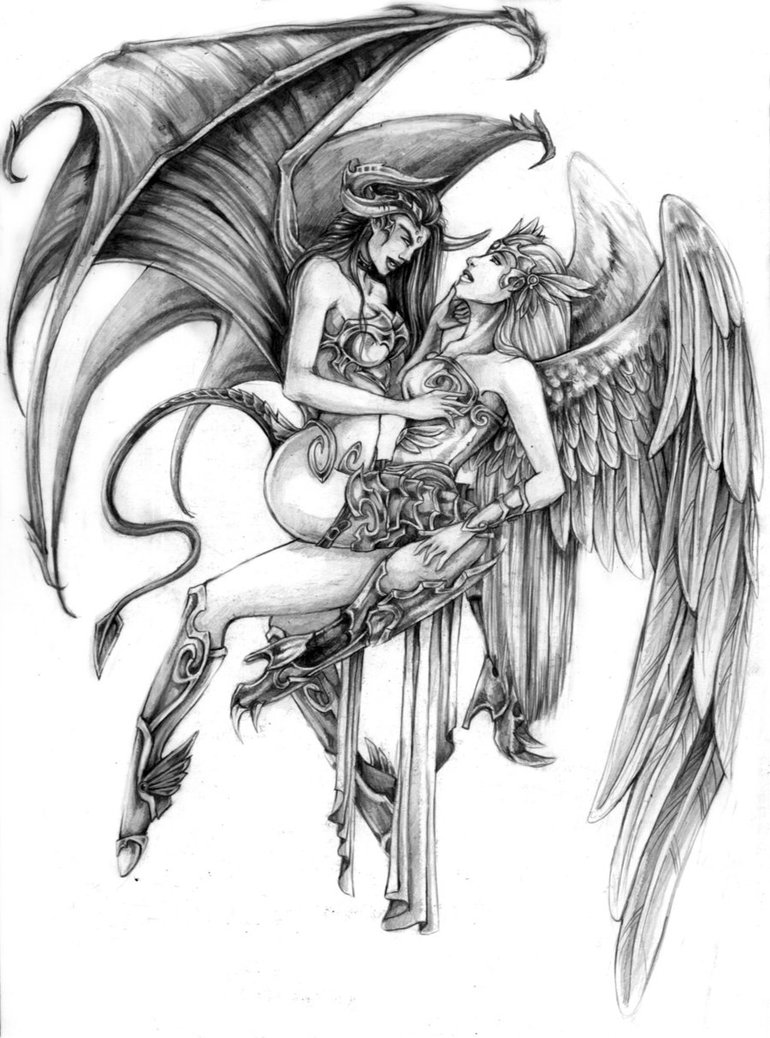 Angel And Demon Tattoos - Angel And Devil Drawing. 