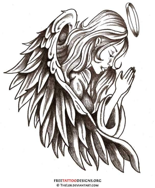 608x740 Sweet Girl Praying In Angel Wings Tattoo Drawing - Angel Girl Drawing