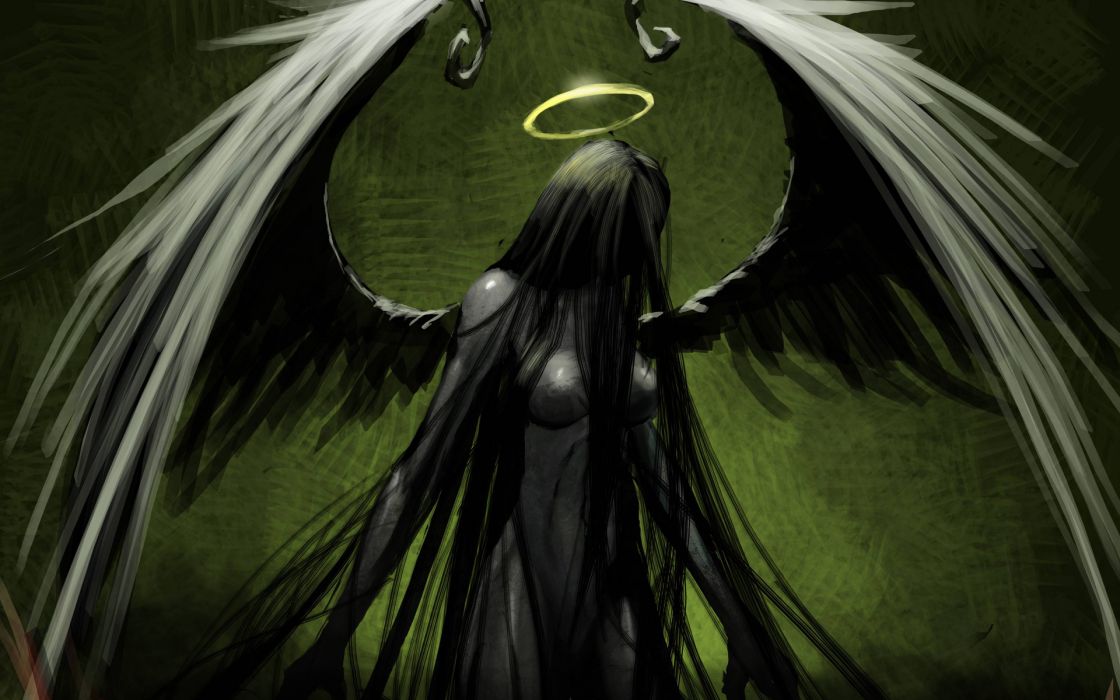 1120x700 angel green drawing halo wings gothic dark wallpaper - Angel Halo Drawing