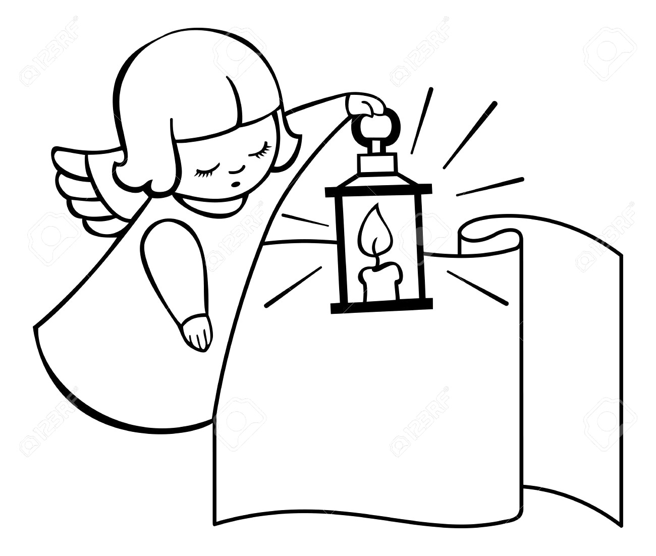 1300x1102 Outline Image Of Angel Flying With Lantern - Angel Outline Drawing