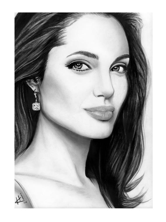 570x760 realistic portrait drawing angelina jolie dessin en etsy - Angelina Jolie Drawing