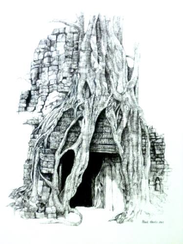 375x500 Doorway And Tree, Angkor Wat Drawing - Angkor Wat Drawing