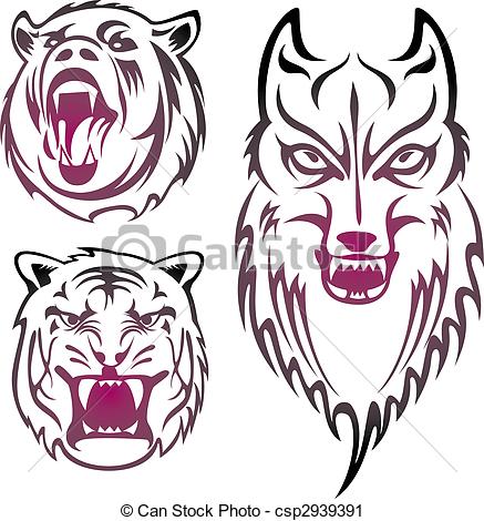437x470 animal heads three wild animal head pattern design - Animal Head Drawings