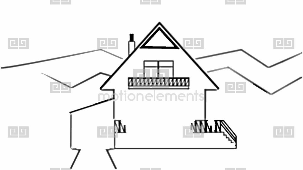1024x576 fast animated pencil sketch of a family house in landscape, black - Animated Pencil Drawing