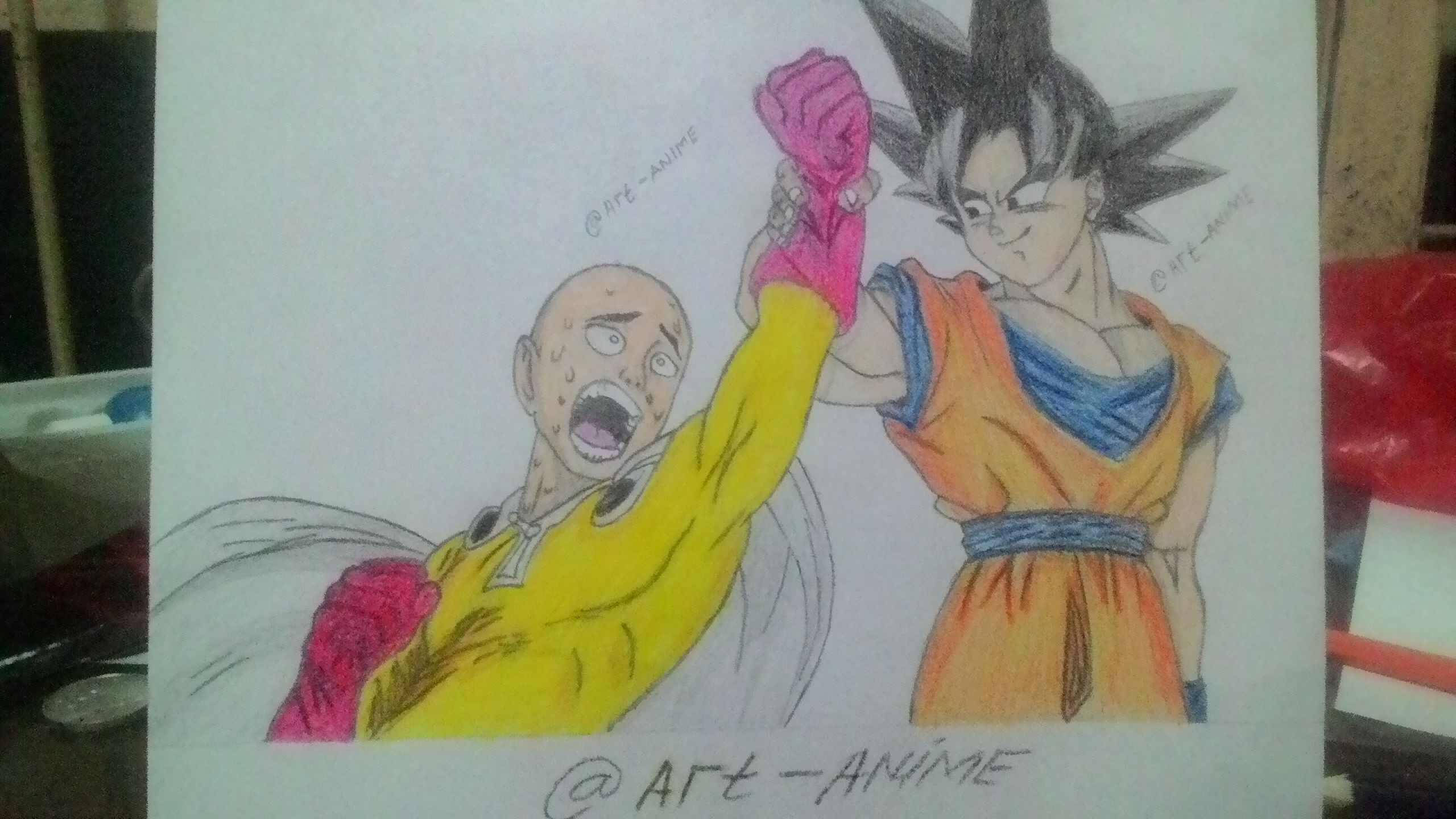 2560x1440 Son Gokuu And Saitama - Anime Drawing Art