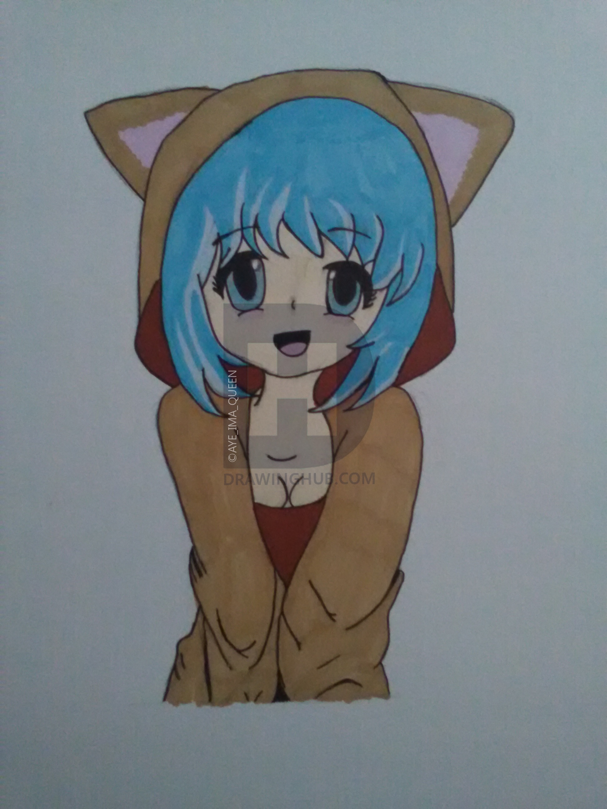 1944x2592 Anime Girl In Cat Hoodie Drawing - Anime Hoodie Drawing