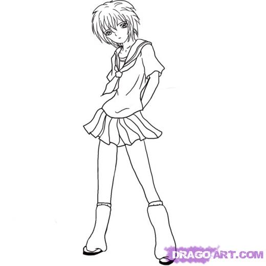 520x520 Step How To Draw A Anime School Girl - Anime School Girl Drawing