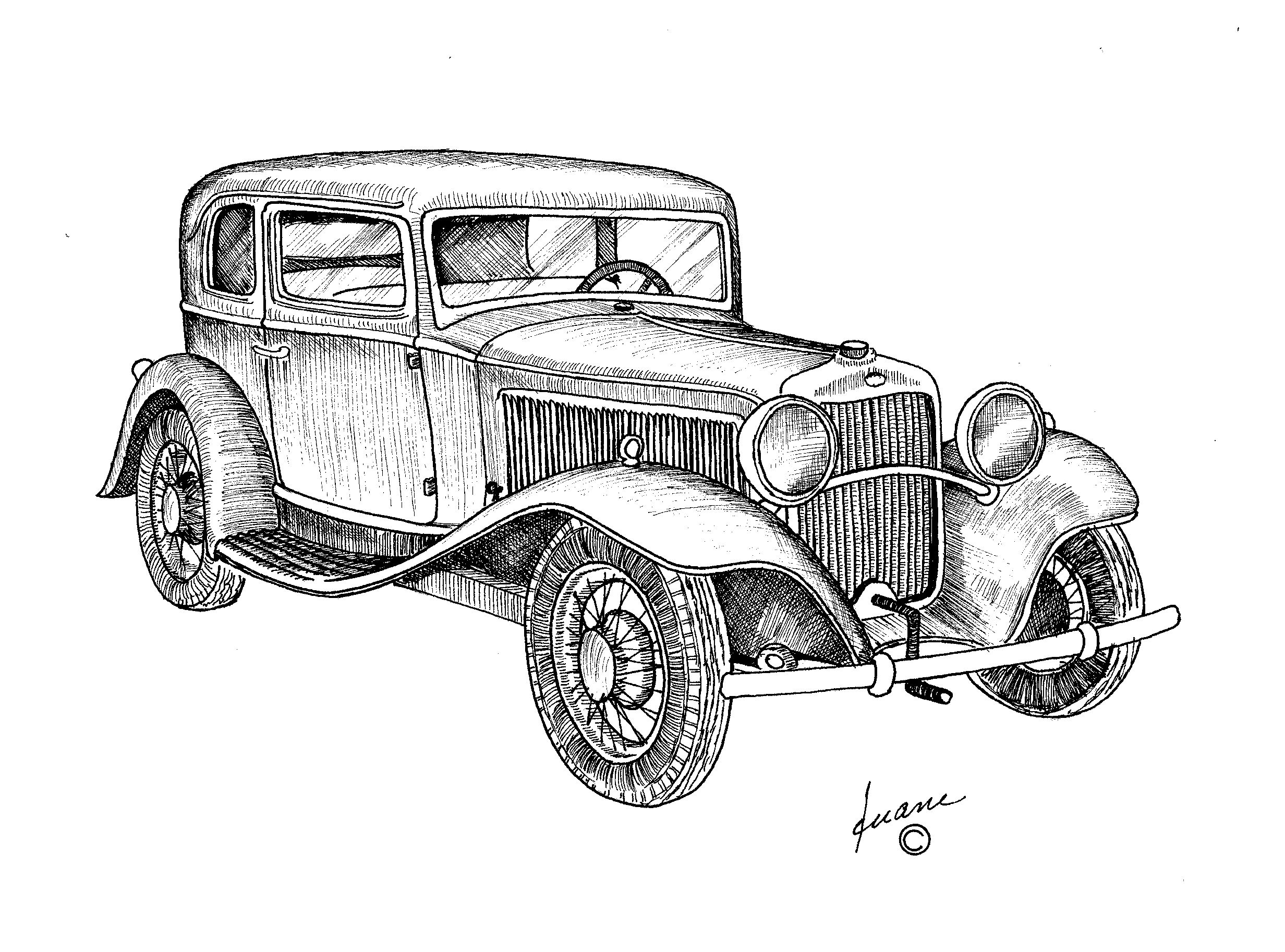 2464x1826 Vintage Car With Hand Crank Pen And Ink Drawings - Antique Car Drawing