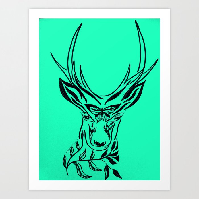 700x700 aqua deer, deer head with antlers, drawing of a deer head art - Antlers Drawing