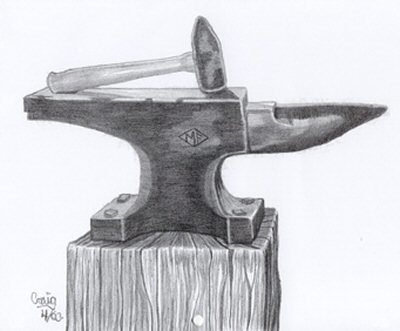 400x331 rustic hammer anvil pencil sketch - Anvil Drawing