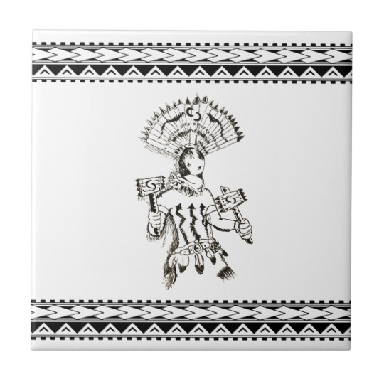 540x540 Apache Crown Dancer Drawing Black And White Ceramic Tile - Apache Drawing