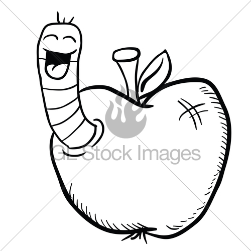 500x500 Black And White Cartoon Apple With Worm Gl Stock Images - Apple Cartoon Drawing