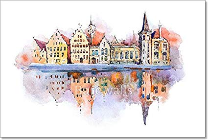 425x286 Bruges Cityscape Watercolor Drawing, Belgium Brugge - Aquarelle Drawing