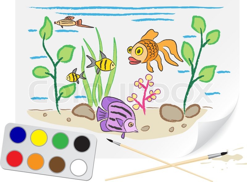 800x590 Children Drawing The Aquarium A Brush Stock Vector Colourbox - Aquarium Drawing For Kid