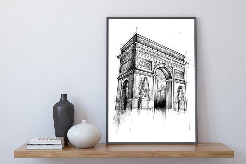 794x529 arc de triomphe drawing stylistic wall art prints paris etsy - Arc De Triomphe Drawing