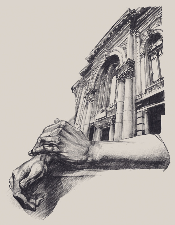 600x771 Surreal Drawings Of Hands Cradling Architecture - Architecture Art Drawing