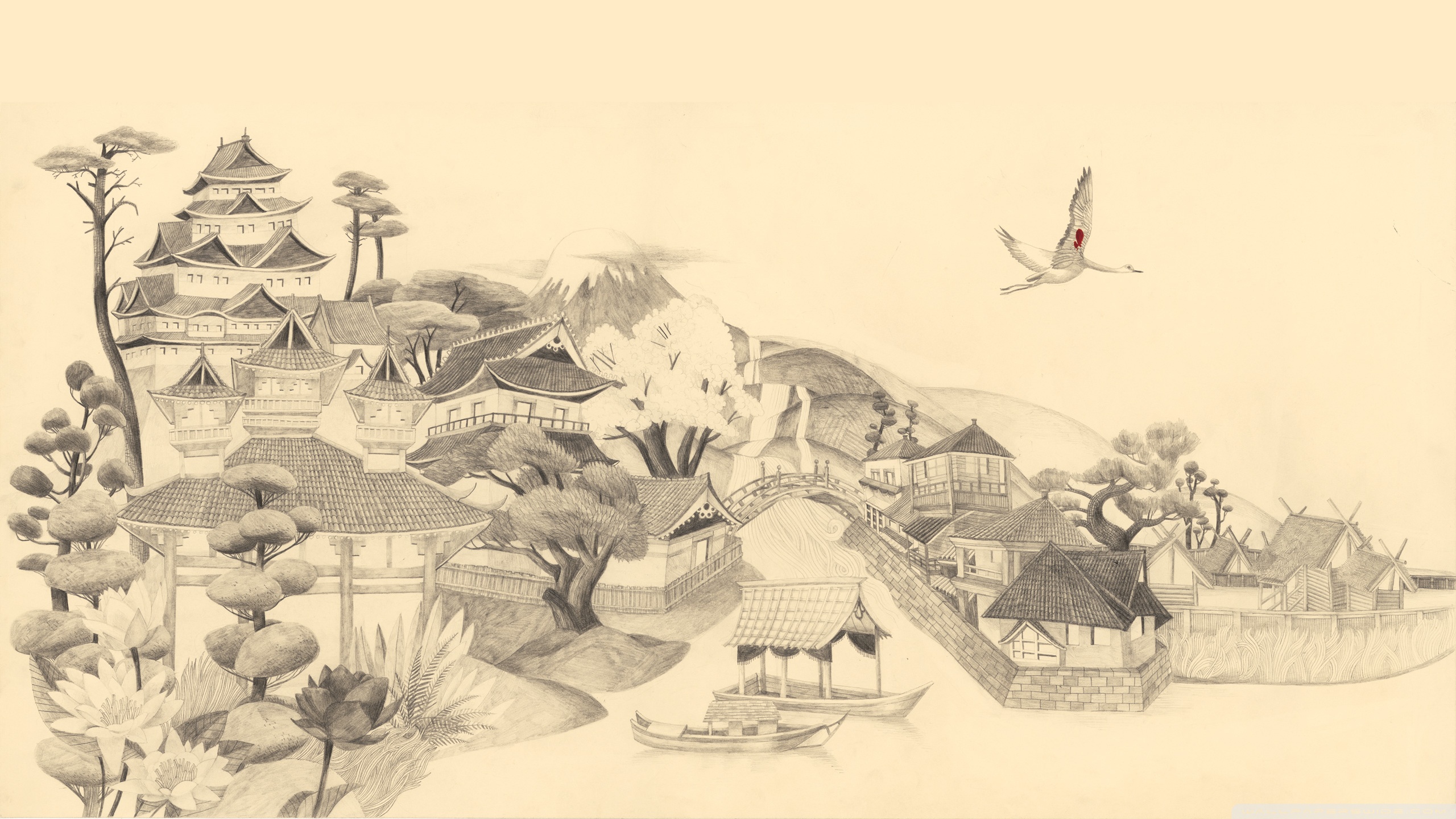 2560x1440 Japanese Drawing Hd Desktop Wallpaper For Ultra Hd Tv - Architecture Drawing Wallpaper