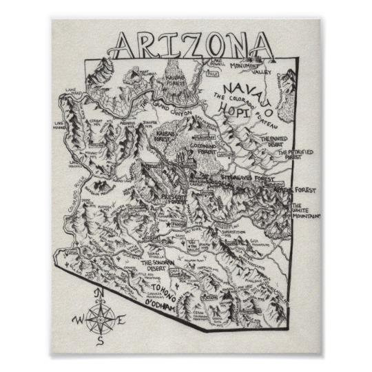 540x540 hand drawn arizona map poster - Arizona Drawing