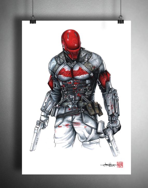 570x724 Red Hood Arkham Knight Illustrated Giclee Print Etsy - Arkham Knight Drawing