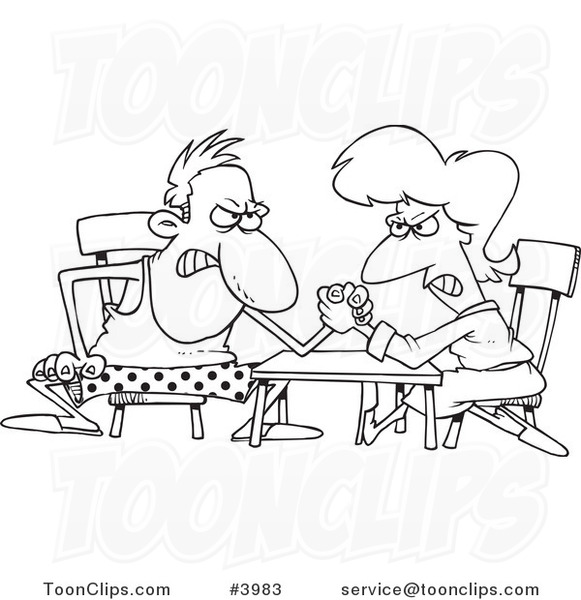 581x600 cartoon black and white line drawing of a married couple arm - Arm Wrestling Drawing