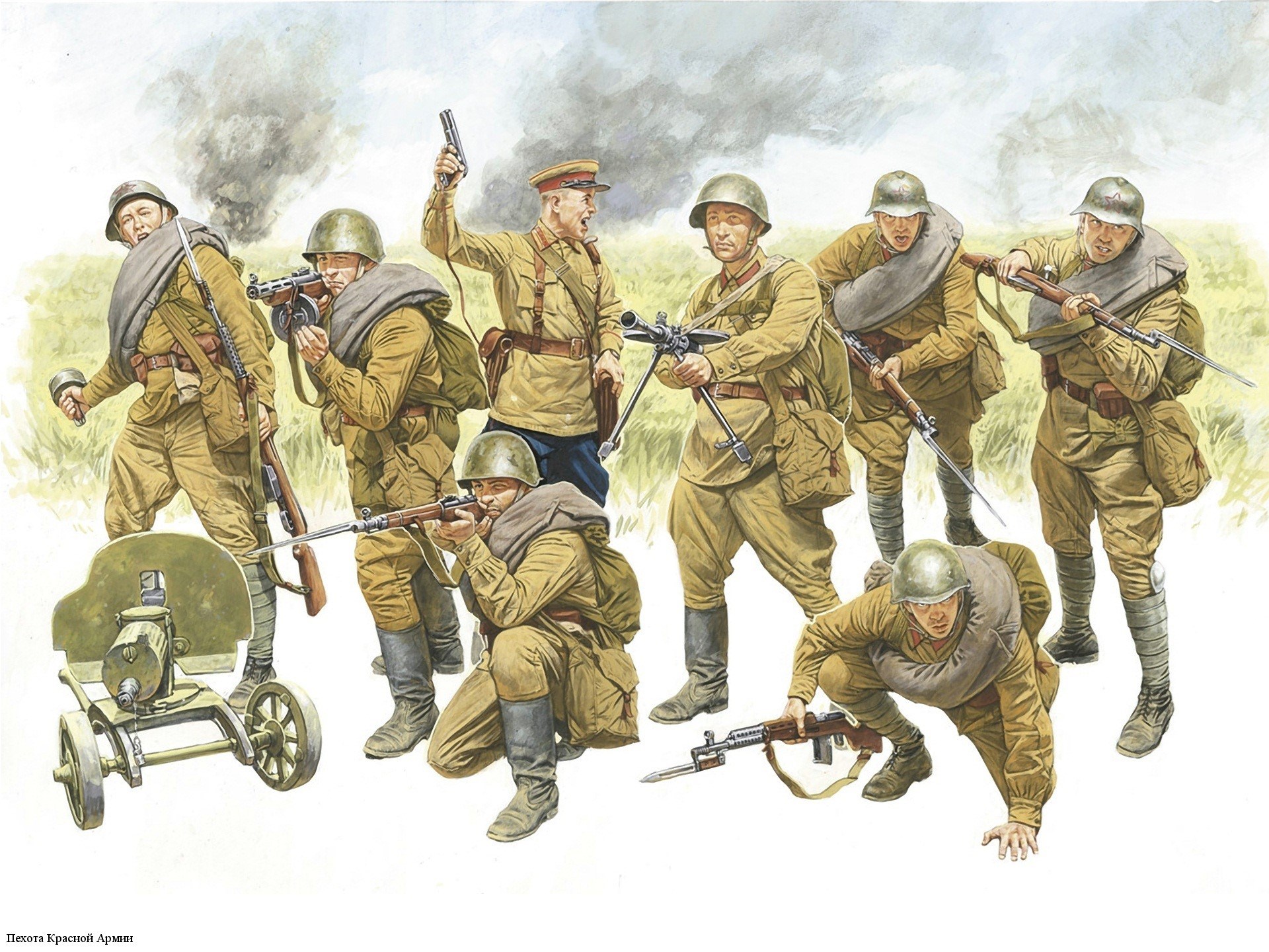 1920x1440 army, drawing, infantry, soviet soldiers, world war ii wallpaper - Army Drawing Pictures