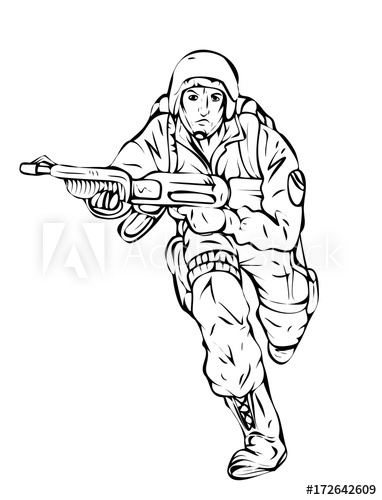 382x500 Cartoon Army Soldier Running With Gun Drawing Vector - Army Man Drawing