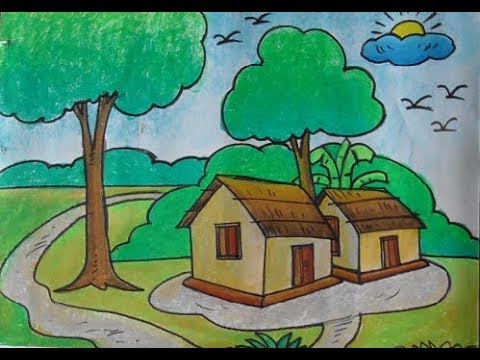 480x360 Art Craft How To Draw Village Scenery With Colour - Art And Craft Drawing