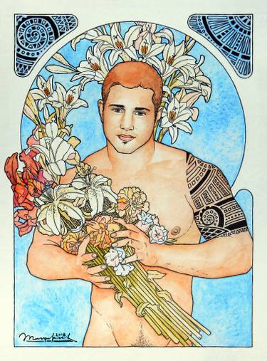 375x507 Portrait Of A Guy With Flowers Art Nouveau Painting - Art Nouveau Drawings