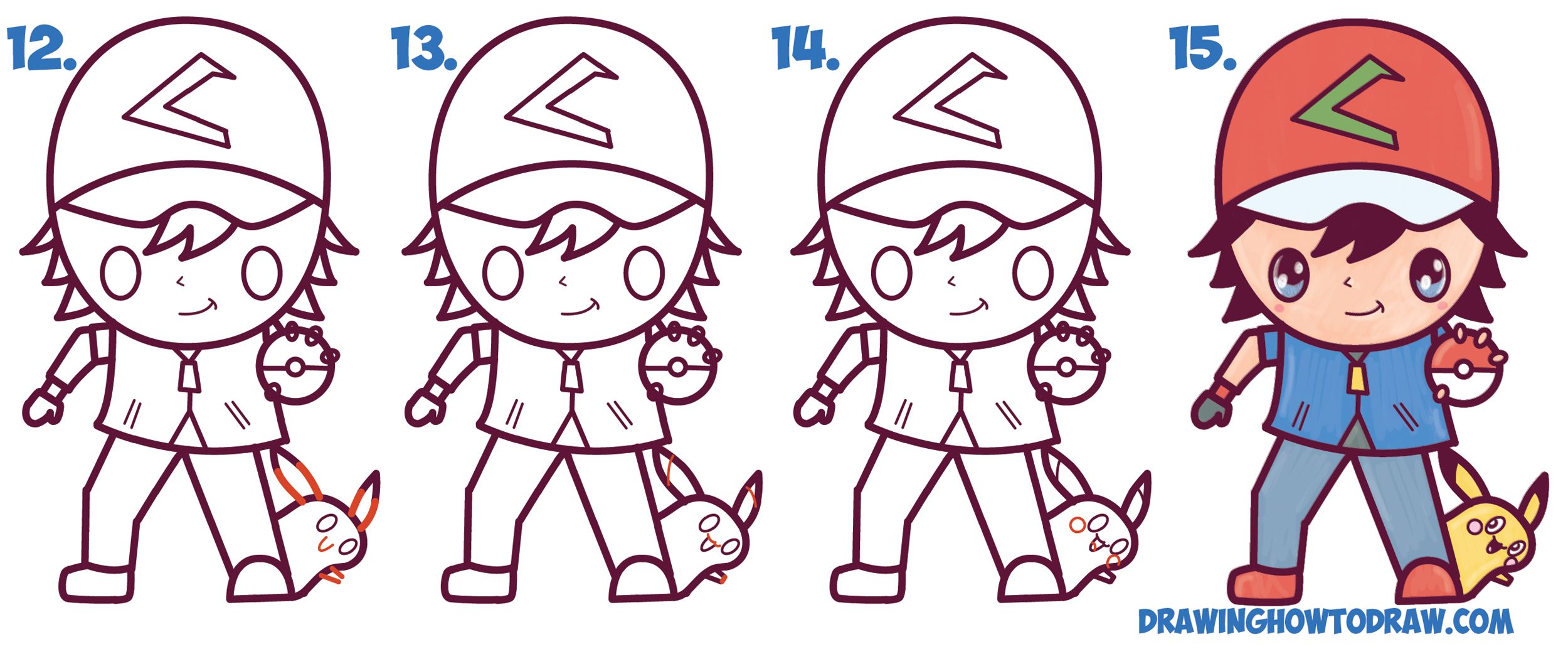 2500x1034 How To Draw Cute Kawaii Chibi Ash Ketchum And Pikachu From Pokemon - Ash Ketchum Drawing
