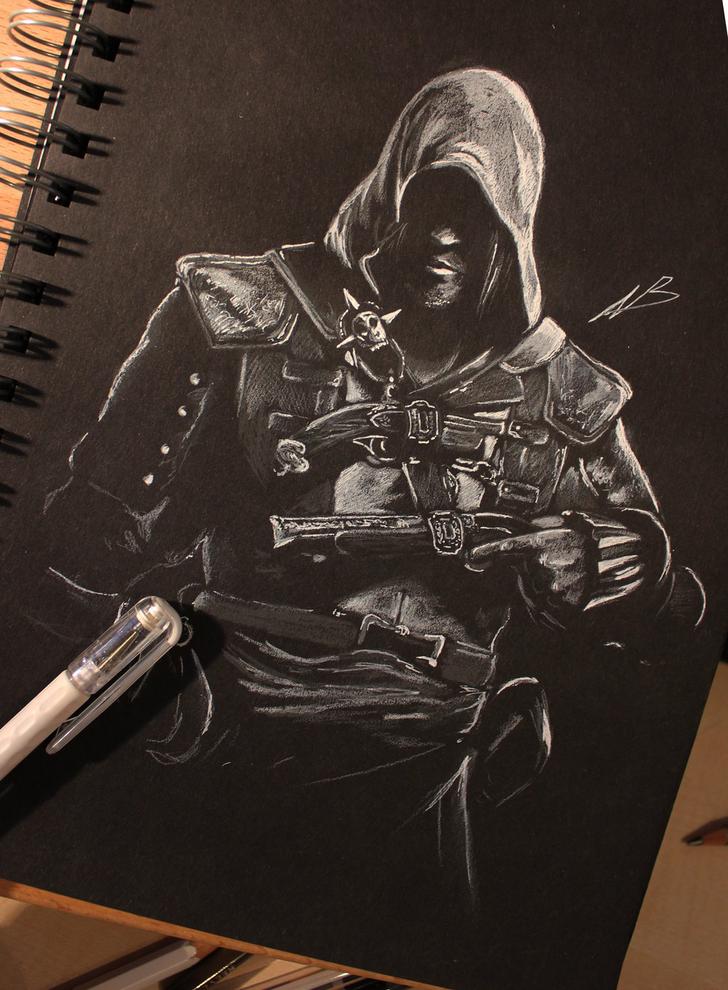 728x990 My Assassin's Creed Drawing On Black Paper - Assassins Creed Drawing