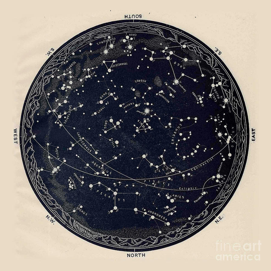 900x900 antique map of the night sky, century astronomy drawing - Astronomy Drawings