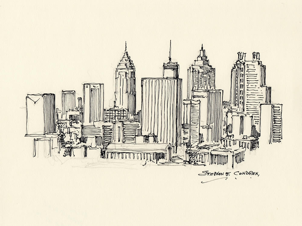 1000x749 atlanta skyline pen ink - Atlanta Skyline Drawing